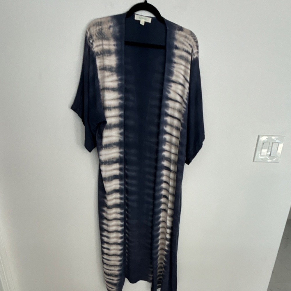 River + Sky Women's Tie-Dye Kimono coverup Jacket Navy White Short Sleeve SML